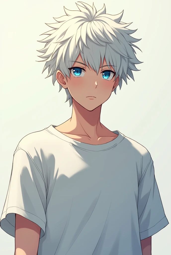 Anime boy with white curly hair and blue eyes with a t-shirt and a serious attitude