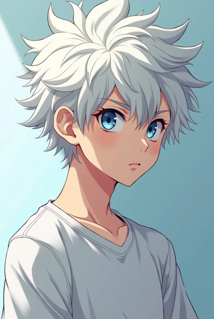 Anime boy with white curly hair and blue eyes with a t-shirt and a serious attitude