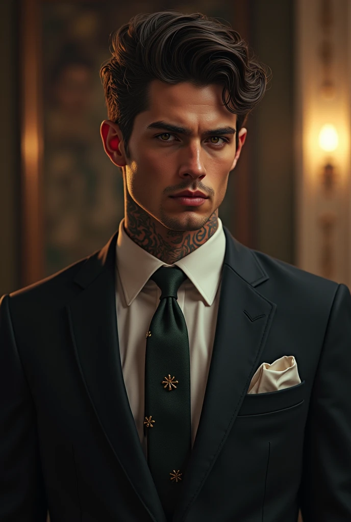 An attractive man,comely,  Youngh, mafioso serious look,  using suit,  tatuados
