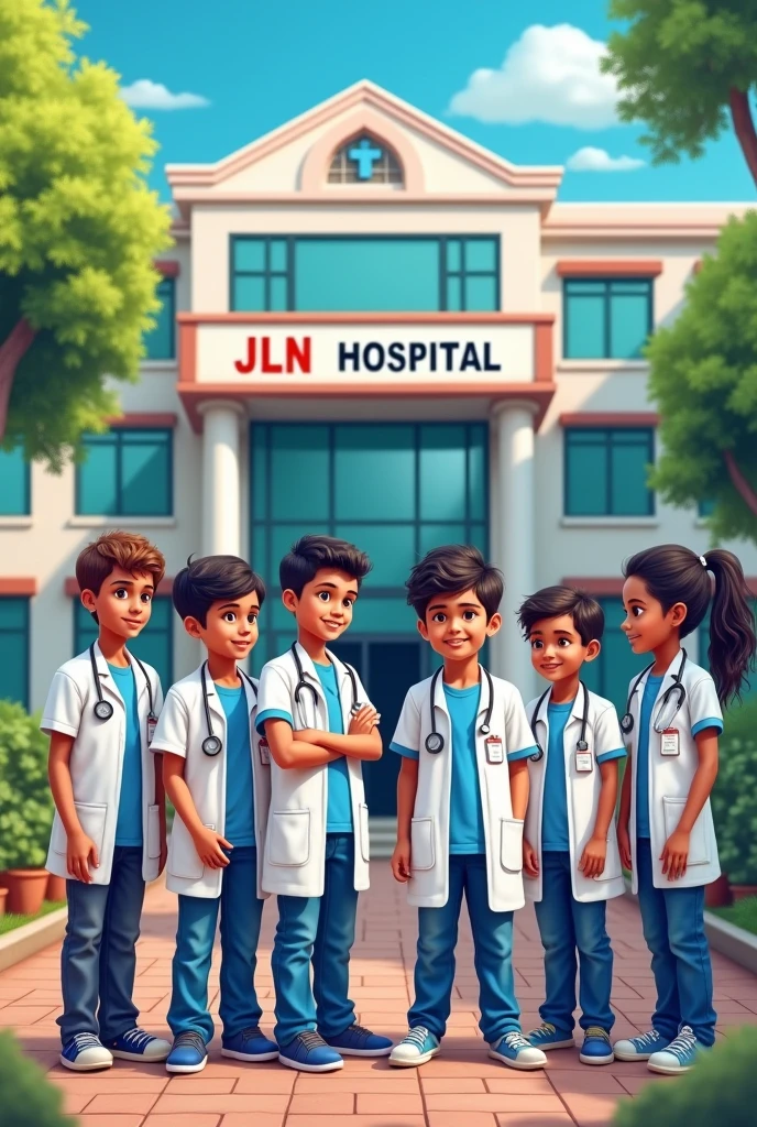 A hospital named JLN Hospital front side four boy Santosh ,sazid,Kunal,vasu
on  t-shirt  and two girl Pooja and Laxmi on t shirt are dressed as doctor. 