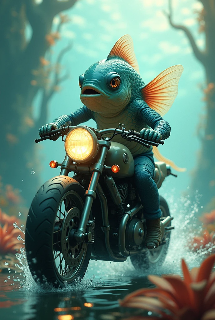 A fish riding a motorcycle