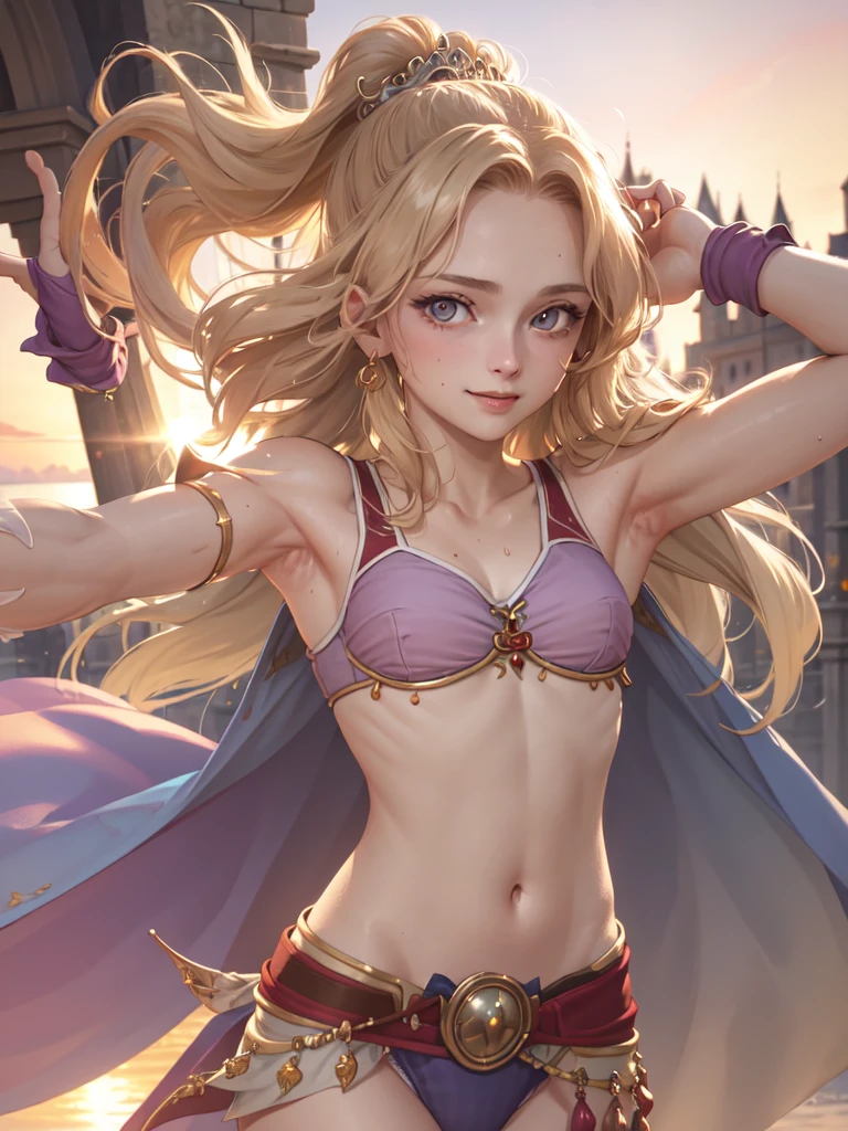 Armpit Show,masterpiece, Highest quality, Rosafarell, Pauldrons, Circlet, camisole, Elbow hand pockets, Waist clothes, Upper Body, View your viewers, smile, Medieval architecture, null, sunset, sweaty, armpits, close up