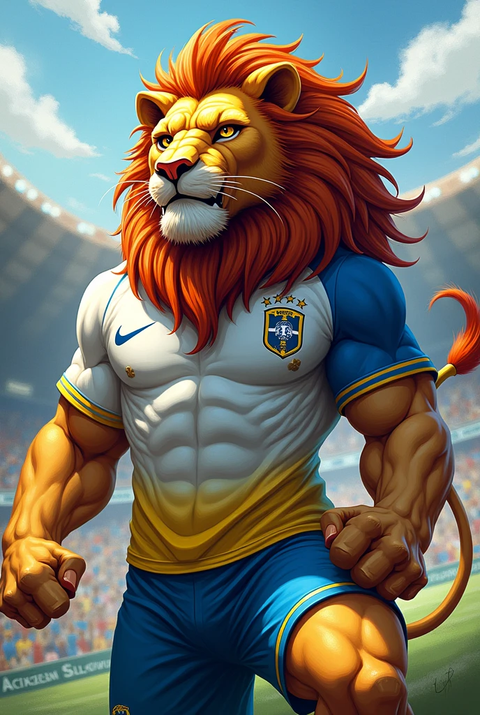 a lion mascot of a Brazilian football team, with white blue and yellow shirt
