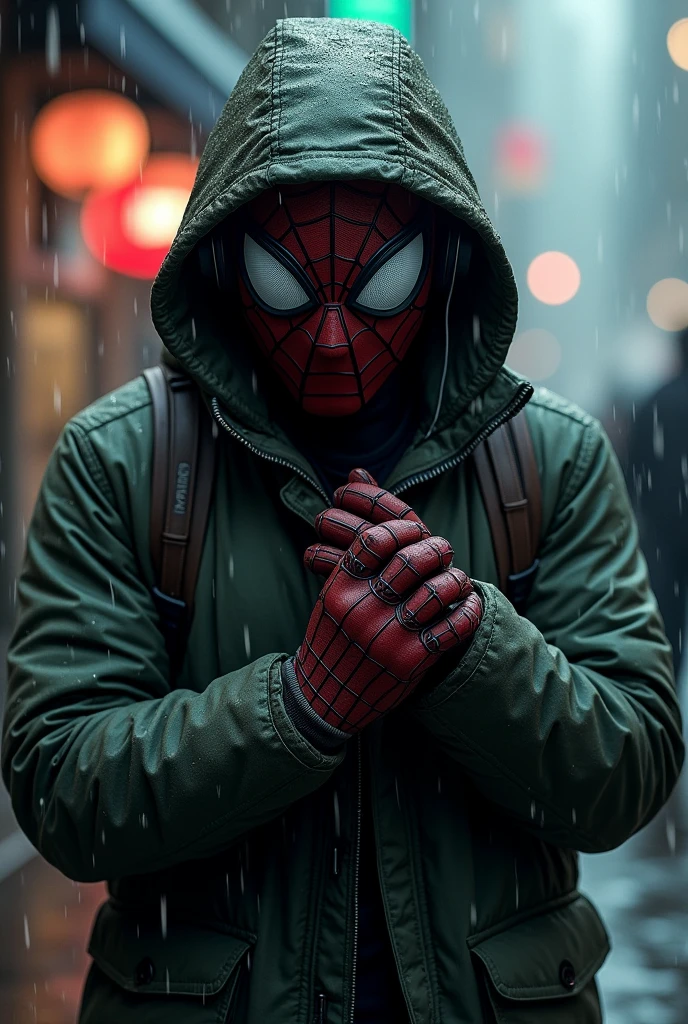 "A realistic superhero spiderman with big eyes wearing a dark green and brown winter jacket, with a headset, in a rainy and dark environment, adjusting his gloves. The scene should be moody and atmospheric, with raindrops clearly visible. The background is dark, making the superhero stand out. The image should be realistic and suitable as a phone wallpaper (1080x1920 pixels)."