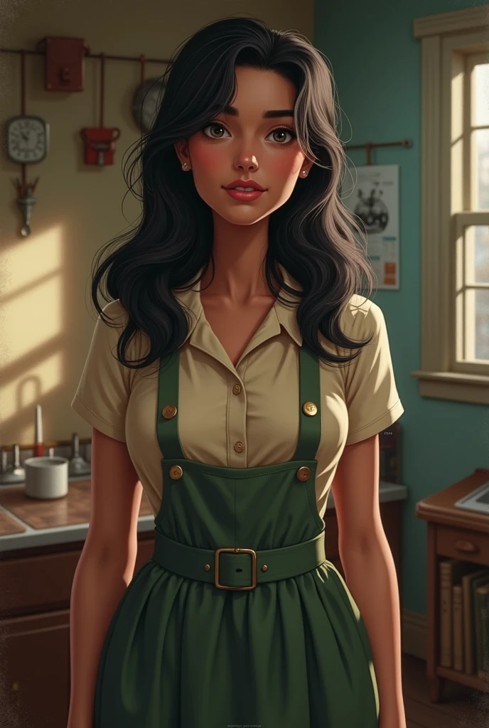Young woman from the 50s, who works as a domestic worker, poor and simple, of long hair, latina, big breasts.
