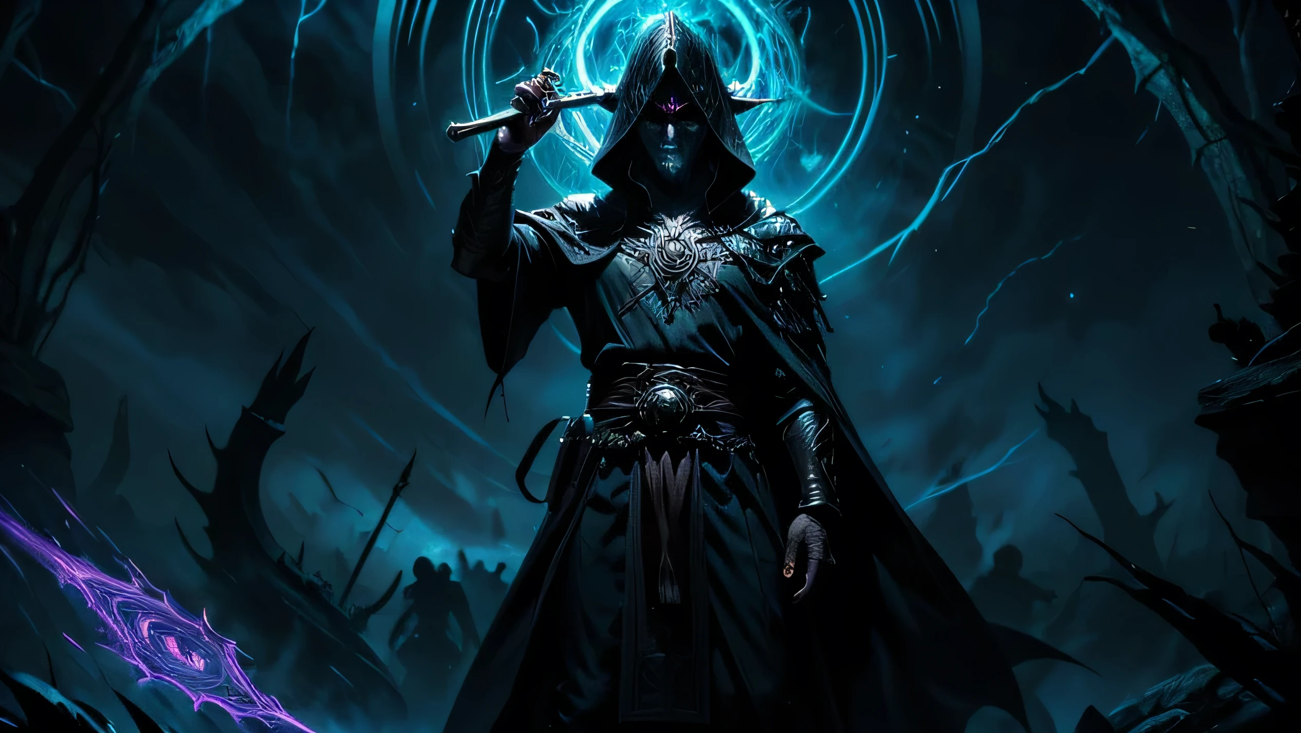 "Agahnim from The Legend of Zelda is shown in the act of casting a powerful spell, his face partially illuminated by the dark energy he commands. He is dressed in his dark, flowing robes, adorned with arcane symbols that faintly glow. His expression is one of intense concentration, with a hint of malevolence, as he channels his dark magic.
His hands are raised, and swirling dark energy emanates from them, forming intricate, glowing patterns in the air. The energy pulses with an eerie purple and black light, crackling with dark lightning. The partial light from the spell highlights the sharp contours of Agahnim's face, revealing his focused, sinister gaze.
The background is shadowy, possibly a dimly lit chamber or an ominous sky, but the light from the spell casts enough glow to make Agahnim’s features visible, creating dramatic shadows and enhancing the sense of dark power. The overall effect emphasizes the mystery and danger of the magic he is wielding while keeping his face in view, adding to the intensity of the scene."