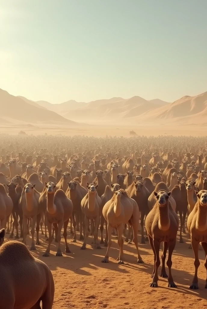 More than 200 camels in a desert yard