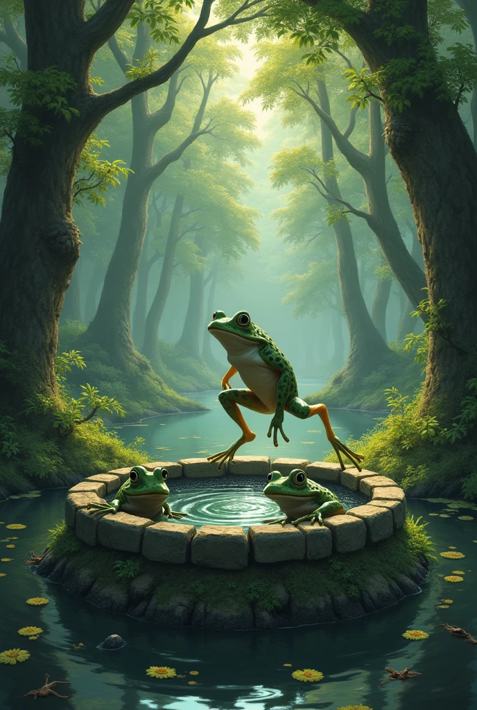 There were many frogs around in a forest. Inside the well were two frogs. One frog jumped out.