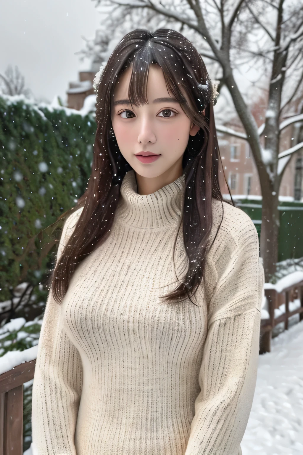 (masterpiece:1.35),(best-quality:1.4),8k,ultra-detailed,photography,(ultra-realistic:1.4), adult girl, long hair, sweater, snowing background, Large Breast, Slim Body,