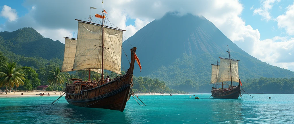 Ancient Ternate island, Maluku, Indonesia, Corcora ships with outrigger, kora-kora, hyper realistic, masterpiece, best quality, ultra-detailed, UHD, 64K