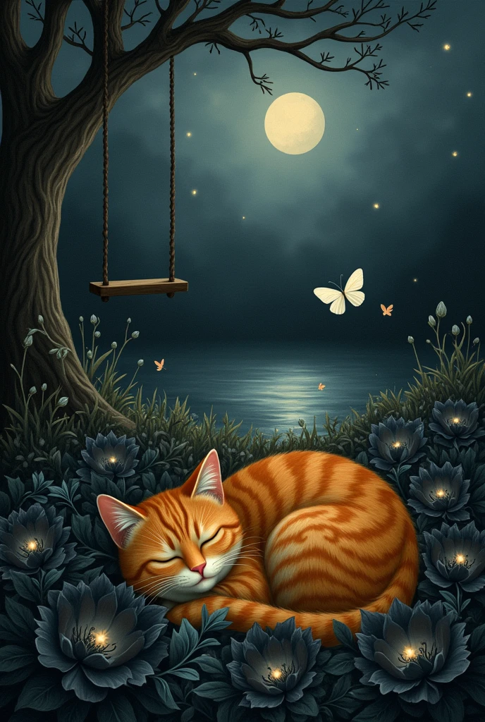a field at night where there is an orange cat sleeping and black flowers around it and a white butterfly walks around with the few fireflies near the cat, to the light of the Moon, On one side you see a small, old tree with a swing on the tree and next to a pond. Old portrait type with dark colors. As if it were in the movie Coraline