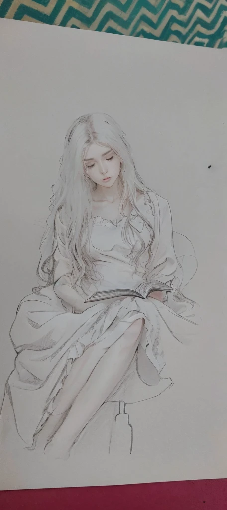 Improve this drawing of mine 20 year old woman with long wavy hair with dark brown color, reading a book sitting with her legs crossed and wrapped in a silk sheet that looks like a princess dress she has a thoughtful and sad expression with her head slightly tilted and looking down the background will be an artistic landscape 