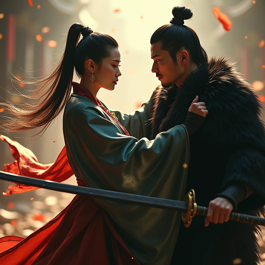 Man and woman in tulle hanfu., Woman holding sword against man, black fur, short ponytail, onyx eyeballs, texture detail, shiny skin, sun, Spinning Feather Sword, motion blur background, Backlight, 8k, Super detail, masterpiece, Best Quality
