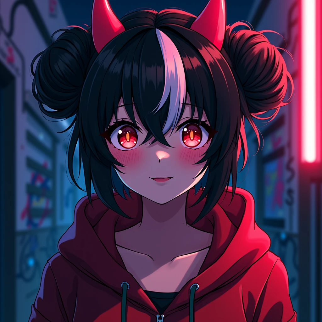 detailed background, masterpiece, Best Quality, smile, nakiri ayame, striped hair, oni horns, by white, twin buns, Red eyes, smile, hoodie, portrait, neon, Graffiti, Dark, evening, bright Eyes, black light