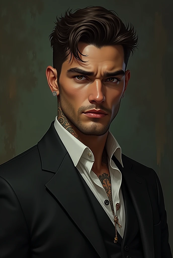 An attractive man,comely, Youngh, mafioso serious look, using suit, tatuados