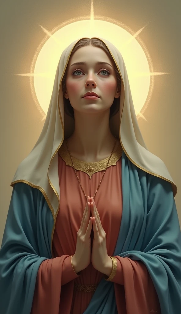 Beautiful Virgin Mary, Reddish beige tunic, Blue cloak and veil, Halo, whole body