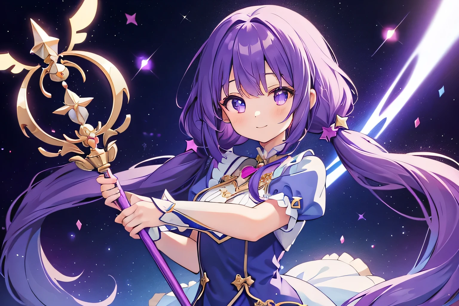 ((masterpiece, A high-resolution)), 1girl, twintails, purple hair, long hair, braid, holding staff, magical staff, blue dress, ruffles, smile, fantasy, magical girl, stars, glowing, colorful background, celestial background, anime style, intricate details, sparkles, happy, looking at viewer