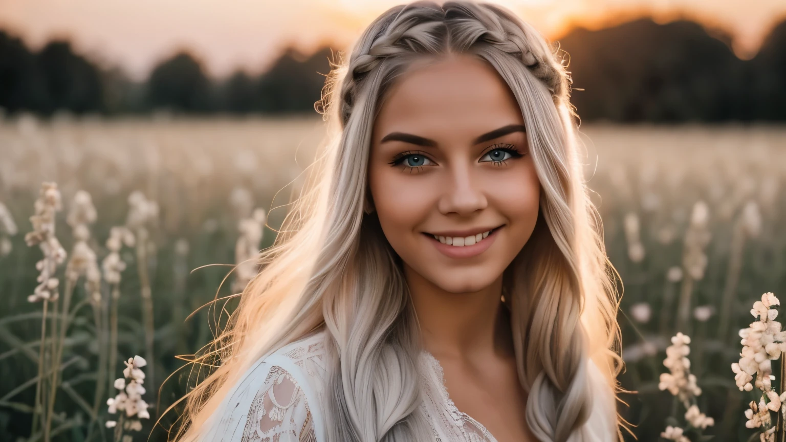 (Entire body) Beautiful girl with long braided Platinum blonde hair, gray eyes, and mysterious smile. She is wearing white lace, and She has full lips, European goddess. A beautiful field of flowers with a beautiful sunset, white and pink, energy-filled photography. High 4k detail.