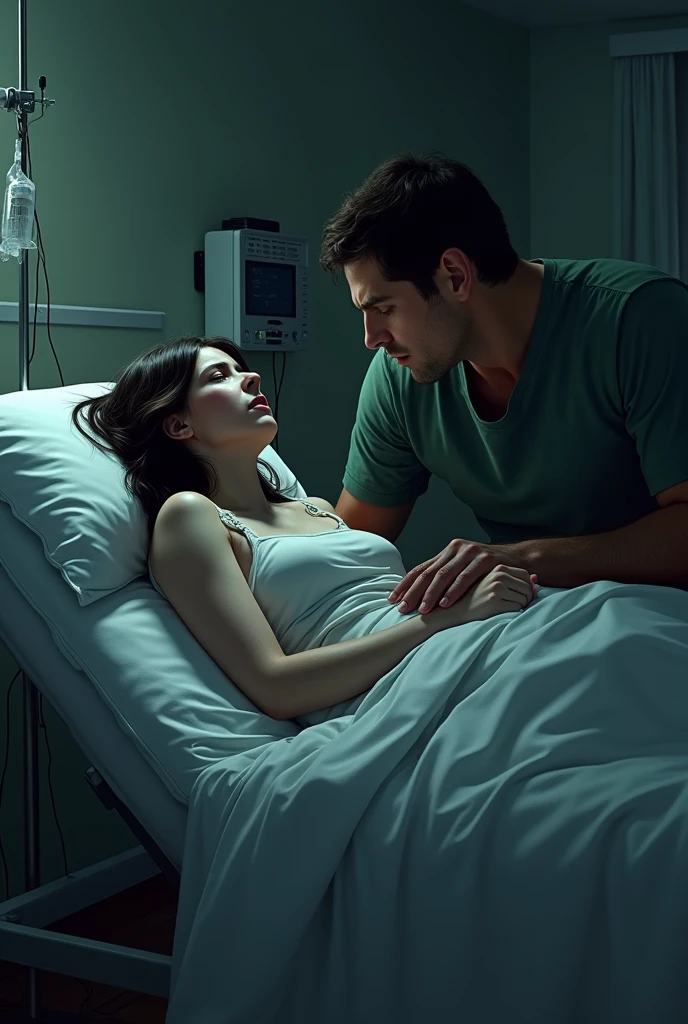 A dark image of a young woman in the hospital and a young man's husband at her bedside