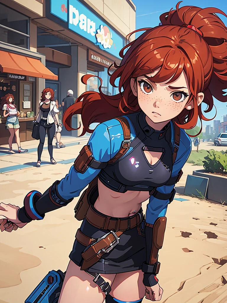 (masterpiece), (best quality), 1 girl, red hair,((brown eyes)),curly hair, short curly hair, brown eyes, anime style, freckles, (mall breast, (petite figure), blue cyberpunk clothes, legs, desert background