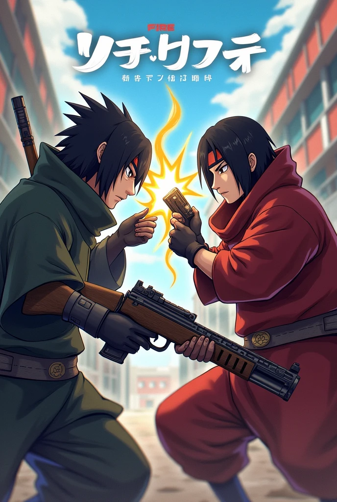 Madara and hashirama in freefire holding guns for battle woth some comedy elements and also write in image "Madara's Downfall: Hashirama Rises in Free Fire" With comedy emoji
