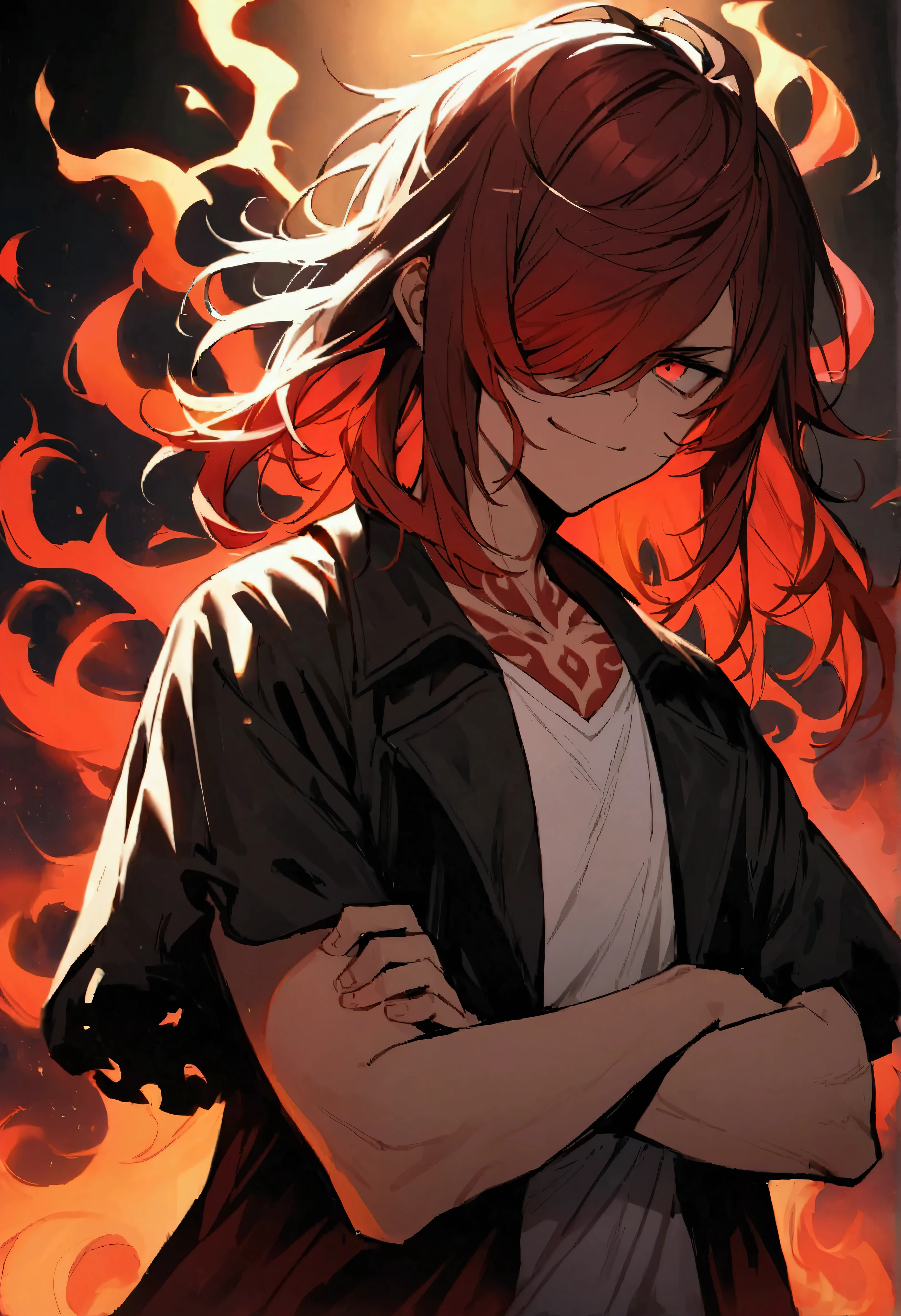 teenage boy, tidy hair, medium length hair, multicolored black and red hair, long bangs covering the left eye, Eyes red, serious face, simple smile, white shirt, dark red loose-fitting short-sleeved ripped overcoat, red tattoos on the body, fiery aura, crossed arms.