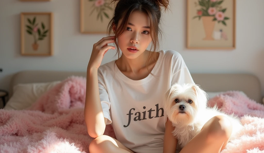 a beautiful tanned japanese woman 2 wearing white messy loose t-shirt, write "FAITH" on her t-shirt, with messy bun hair highlighted brown, seen sitting and fixing her hair looking at camera on her glittery cozy fluffy messy glittery soft pink sheet bed, pink fur blanket, broken white wall in her room with paintings on the wall and pink rose petals on the bed too, fluffy fur maltese mini laying beside her, glitters and particles and nice lighting, UHD, HDR, 8k, Masterpiece