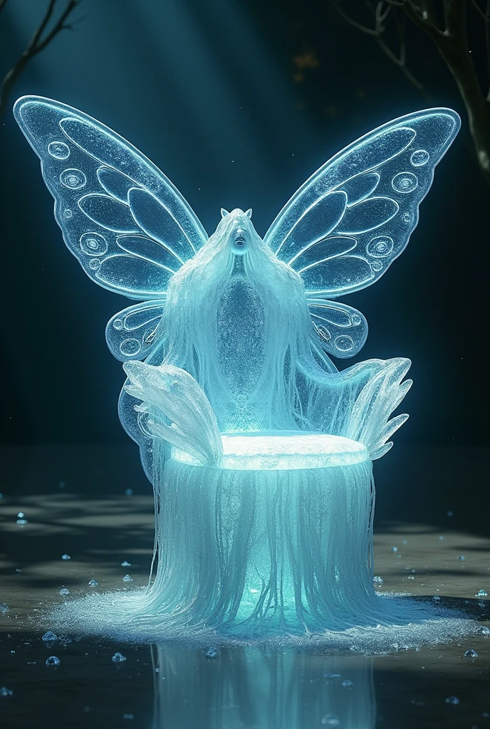 Flying chair, without legs, Celestial throne type designed for the elf Galadriel, made of celestial crystals, with a backrest in the shape of magical butterfly wings.
