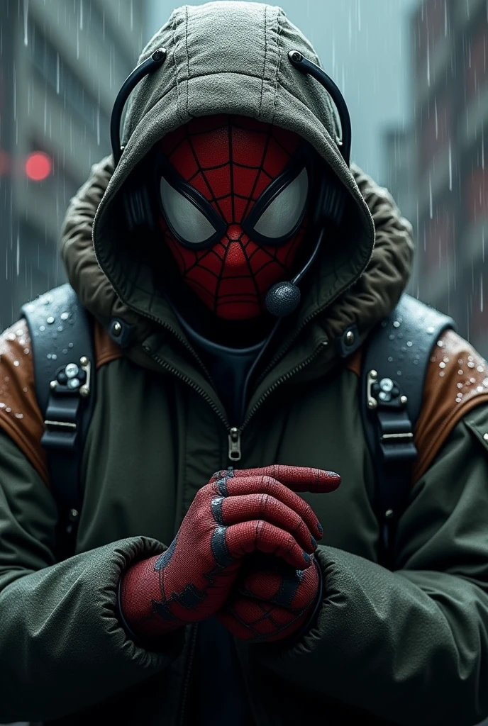 "A realistic superhero spiderman with big eyes staring with dark intentions wearing a dark green and brown winter jacket, with a headset, in a rainy and dark environment, adjusting his gloves. The scene should be moody and atmospheric, with raindrops clearly visible. The background is dark, making the superhero stand out. The image should be realistic and suitable as a phone wallpaper (1080x1920 pixels)."