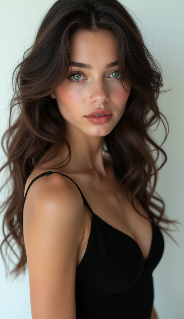 1 Girl,full body shot (1.3),close up face shot (1.3), face shot, corridor,Soft Light, Italian Beauty,Tight Fit,dress,Light-haired,long hair,
 white background, gorgeous American-Italian girl, doll face, with thick and long wavy dark chocolate brown hair, big and large slender cat emerald green bright eyes, long and thick curly black eyelashes, button upturned nose, high nose bridge, fullest and plumpest with a pout at the top rosy red luscious lips, oval and heart face shape mix, high cheekbones, shorter face, shorter chin, defined jawline, tiny face size, pale milky white traslucent perfect skin, whitening skin, hourglass shaped body, tiny and narrow waist, rounded hips, long and slender beautiful legs, big perfect brests (1.4), large breasts, bust size 84 cm, waist 57 cm, hips 86 cm, bra size 34 D, tall at 5’8, full body image, realistic, photorealistic, ultradetailed, skin texture, hyperealismHigh Resolution, Closed Mouth, highly detailed, high resolution 8K, wearing a tight fit black dress highliting her horglass body, 23-years-old