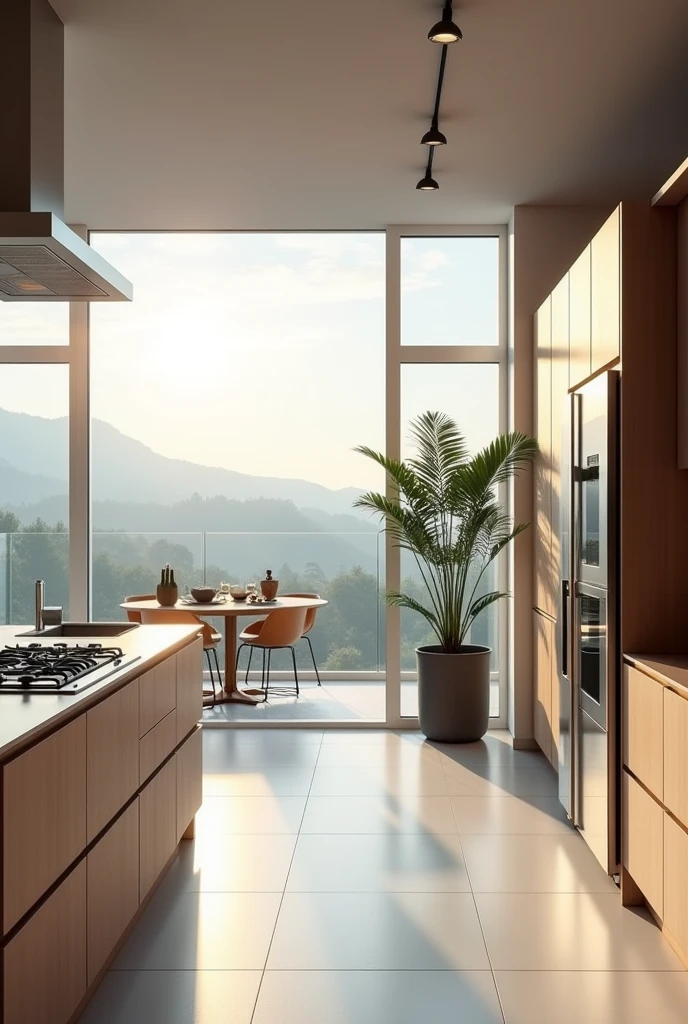 The spacious kitchen features a sleek counter with a modern gas stove. Above the stove, a large glass window with a white wooden frame reveals a stunning morning scenery outside. Inside, the kitchen is complemented by a contemporary sink, a stylish refrigerator, and an elegant oven. The morning light filtering through the window enhances the room's bright and inviting atmosphere.