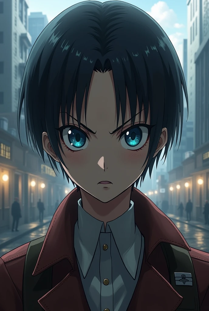 A character in the style of the anime Attack On Titan/ Shinke no kyojin, be like Levi Ackerman, have the same hair style and color, but with bigger and blue eyes.
