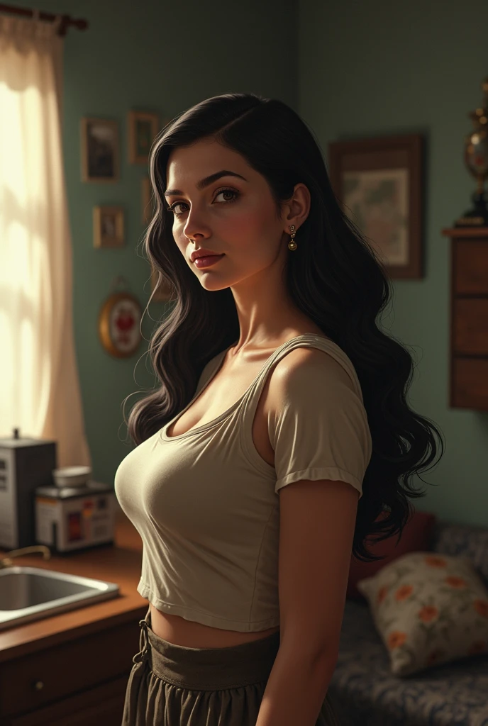 Young woman from the 50s, who works as a domestic worker, poor and simple, of long hair, latina, big breasts.
