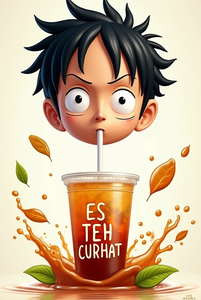 4D caricature of a big head of Luffy. He is drinking iced tea through a straw from a plastic cup. Below him, there is a giant writing "ES TEH CURHAT" in cheerful letters and correct spelling. The background shows splashes of tea water and tea leaves, emphasizing the freshness of the drink. The caricature emphasizes the details of the face and the writing below, with a subtle and vibrant blend of colors. Hyperdetail, UHD 8K, 3D render.
