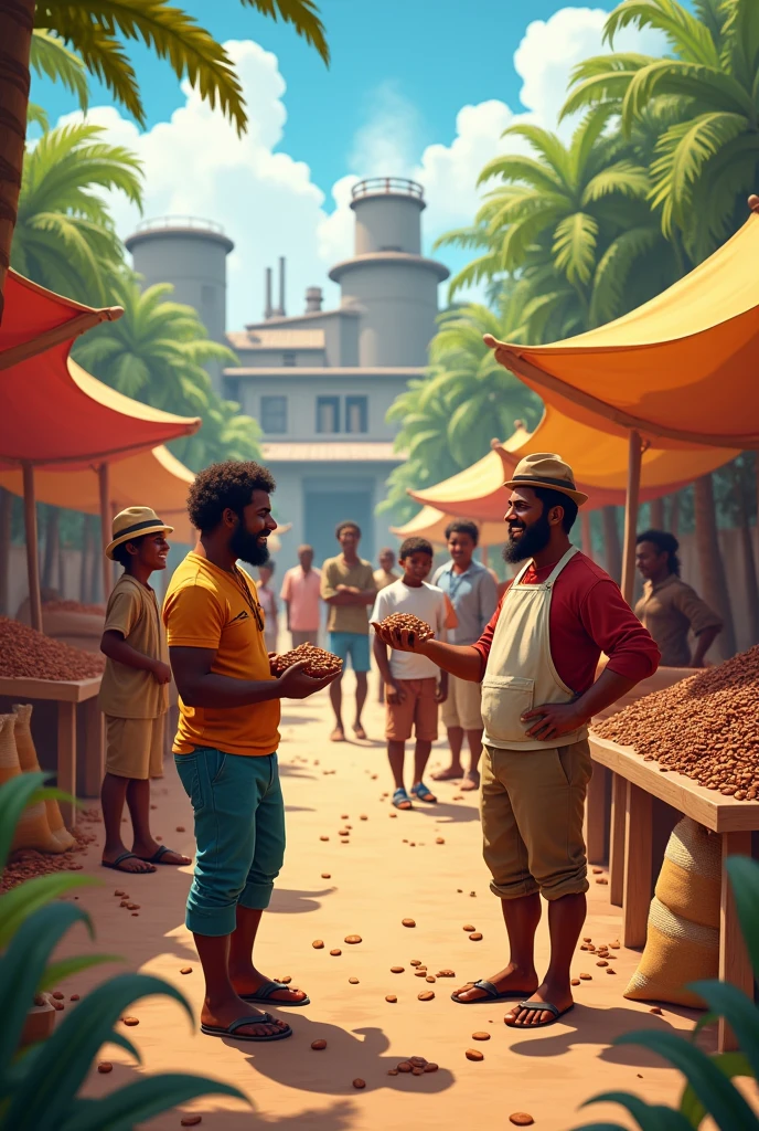 Cocoa producers who are selling to a chocolate factory. make it friendly and make people smile