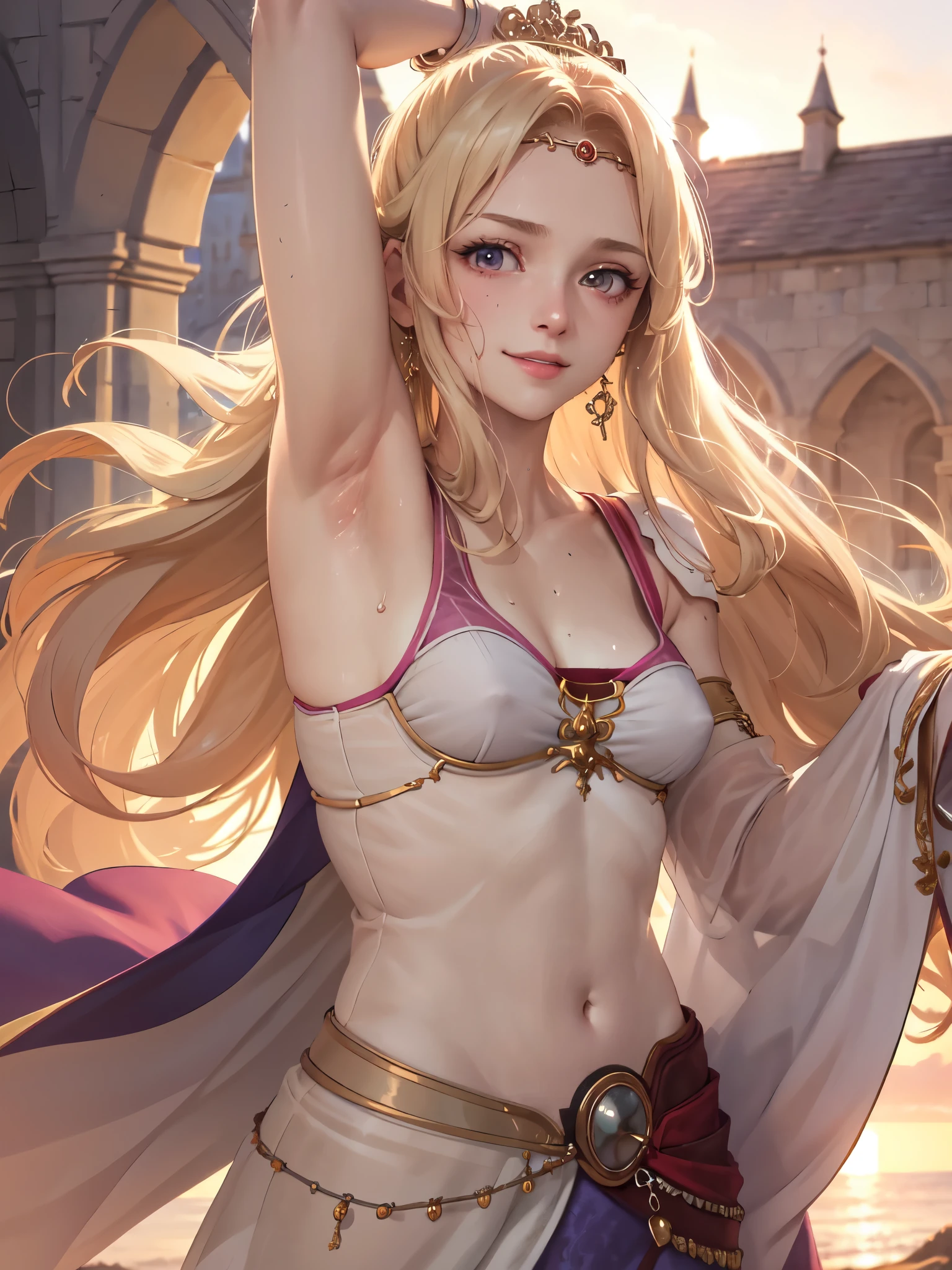 Armpit Show,masterpiece, Highest quality, Rosafarell, Pauldrons, Circlet, camisole, Elbow hand pockets, Waist clothes, Upper Body, View your viewers, smile, Medieval architecture, null, sunset, sweaty, sweat armpits, close up, sweaty body