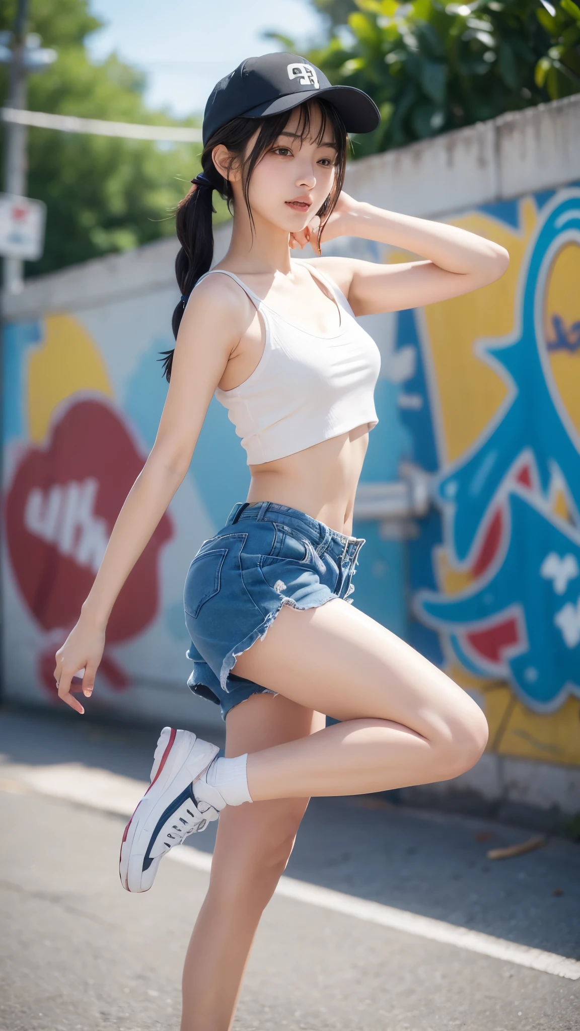 fig, figurine, rinwind, 1girl, cleavage, solo, collarbone, small breast, sweaty, sweat, blush, black hair, medium length hair, side pigtails, looking at viewer, brown eyes, half closed eyes, eye lid, seductive smile, wide hips, open mouth, heavy breath, blurry background, short shorts, crop top, underboobs, head tilted , arm guard, knee pads, Baseball cap, urban street, graffiti, on street, bouncing body, motion blur, body in motion, view from side below, small, short, sneakers