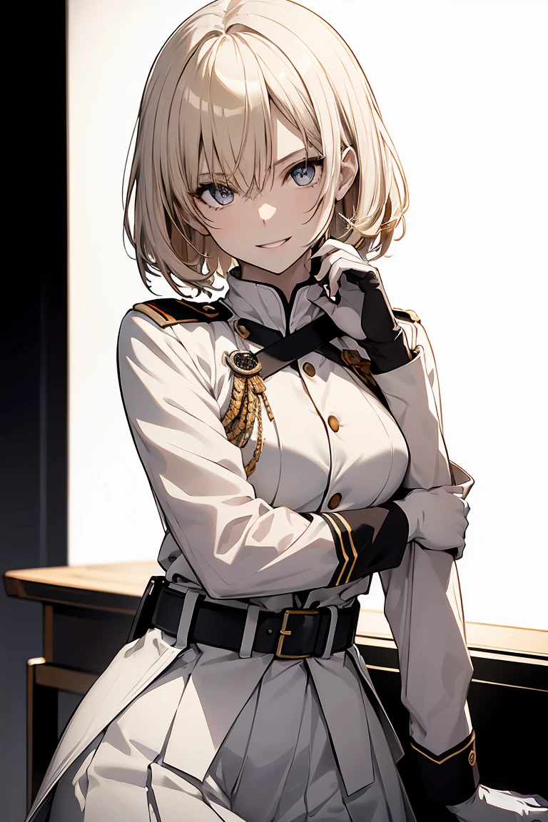 (Super sexy pose:1.2), One Girl, whole body, White one-piece military uniform, (Tabletop:1.2, Highest quality), (Beautiful, detailed eyes: 1.2), (Beautifully detailed face), High Contrast, (Best lighting, Very delicate and beautiful), ((Cinematic Light)), Dramatic Light, Deep orange eyes, small, Below the belt , White military uniform, White Skirt,Blonde, Black tie,  (Pale white background:1.5), Wolf Cut Hair, Look at me and smile,