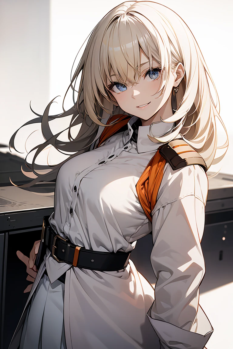 (Super sexy pose:1.2), One Girl, whole body, White one-piece military uniform, (Tabletop:1.2, Highest quality), (Beautiful, detailed eyes: 1.2), (Beautifully detailed face), High Contrast, (Best lighting, Very delicate and beautiful), ((Cinematic Light)), Dramatic Light, Deep orange eyes, small, Below the belt , White military uniform, White Skirt,Blonde, Black tie, (Pale white background:1.5), Wolf Cut Hair, Look at me and smile,