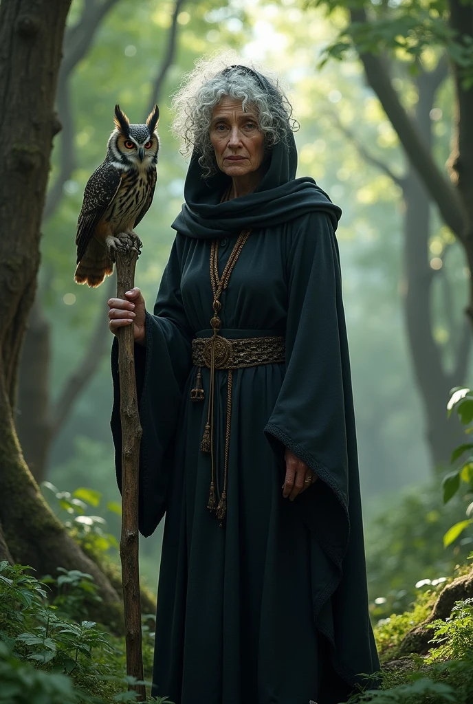 Elderly woman in the middle of the woods with a hood and staff and an owl , black clothes and curly, messy white hair