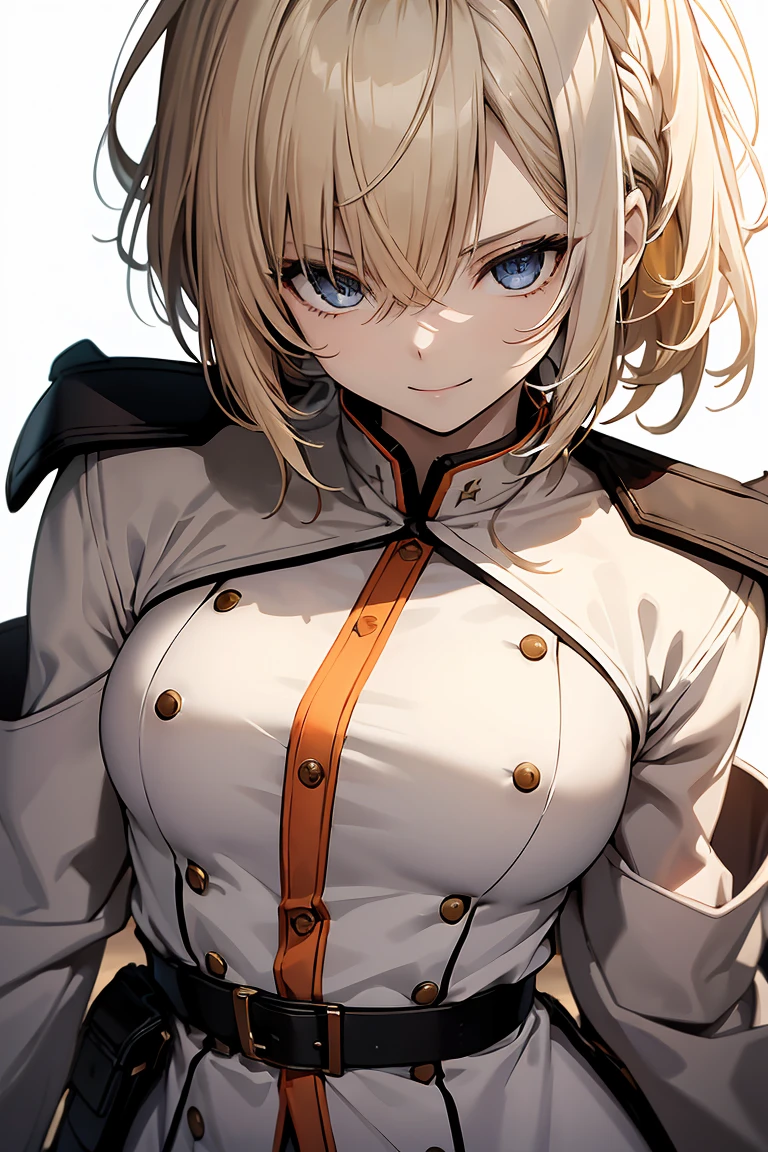 (Super sexy pose:1.2), One Girl, whole body, White one-piece military uniform, (Tabletop:1.2, Highest quality), (Beautiful, detailed eyes: 1.2), (Beautifully detailed face), High Contrast, (Best lighting, Very delicate and beautiful), ((Cinematic Light)), Dramatic Light, Deep orange eyes, small, Below the belt , White military uniform, White Skirt,Blonde, Black tie, (Pale white background:1.5), Wolf Cut Hair, Look at me and smile,