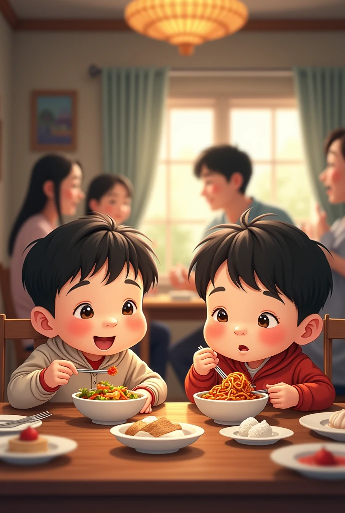 Twins of  four years age are sitting at dinning table with their parents  and one eating  sweet cake  other spicy noodles twins  boy with mama and papa twins boy   boy boy
