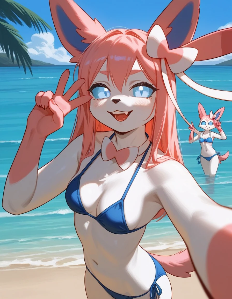 alone, score_9,score_8_up,score_7_up, anthro female sylveon, blue sclera, white eyes, blue stripped bikini, beach background, standing, licking an ice cream, cute.