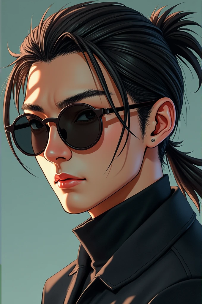 And a man who looks like Satoru Gojo has dark brown tied hair with round anime style sunglasses