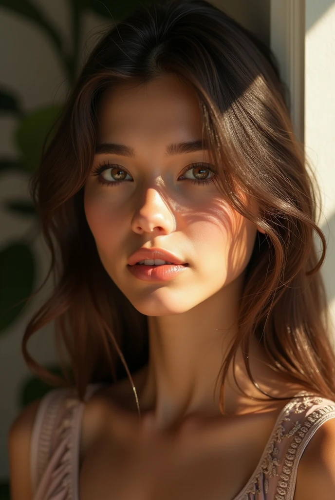 a young South American woman with straight brown hair, beautiful detailed eyes, beautiful detailed lips, Extremely detailed face and features, Delicate facial features, new, sunlight coming through a window, soft lighting, photorrealistic, 8k, highy detailed, cinematic, naturals , chic,