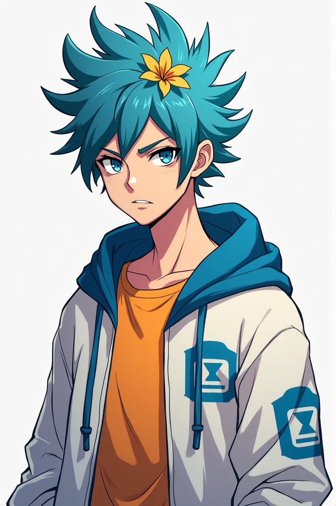 He is a young, light-skinned man with spiky cyan hair and a confident expression and also his blue hair. He wears a bright colored t-shirt, a white sweatshirt with a blue hoodie and on the back a forbidden sign and a lock of hair in the shape of a flower that he wears on his head but also black pants and thin eyebrows and sanpaku eyes and a full body and serious look.