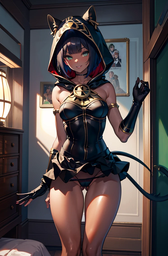 masterpiece, Highest quality, Absurd, ((One person)), , meaning_holiday,  A light smile, Dark Skin, Green Eyes, Egyptian, Bobcut, Red dress, (Black hood), Black gloves,(Shiny thighs),, , Exposing shoulders,Sexy thighs,(((Beautiful legs))),((alone)),Panty shot,Wicked Smile,,,In the bedroom,Under the skirt,Camel Toe.Raise one leg,,stretch,parted lips,lip,tail,I-shape balance,