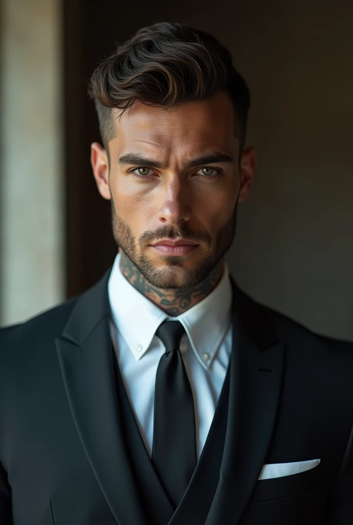 realistic image, ultra HD, 8k, attractive man,comely, Youngh, mafioso serious look, using suit, tatuados