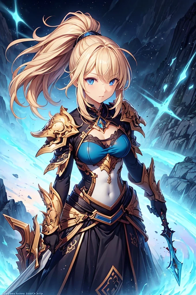 (最high quality, High resolution, Textured skin, high quality, Attention to detail, Highly detailed CG unification), (woman),Golden hair in a ponytail,Wearing armor,blue eyes,Are standing,White background