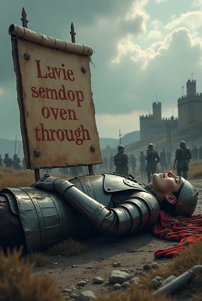 board with text "It was eliminated, but his memory will live on in the memes"
" and dead soldier in medieval age